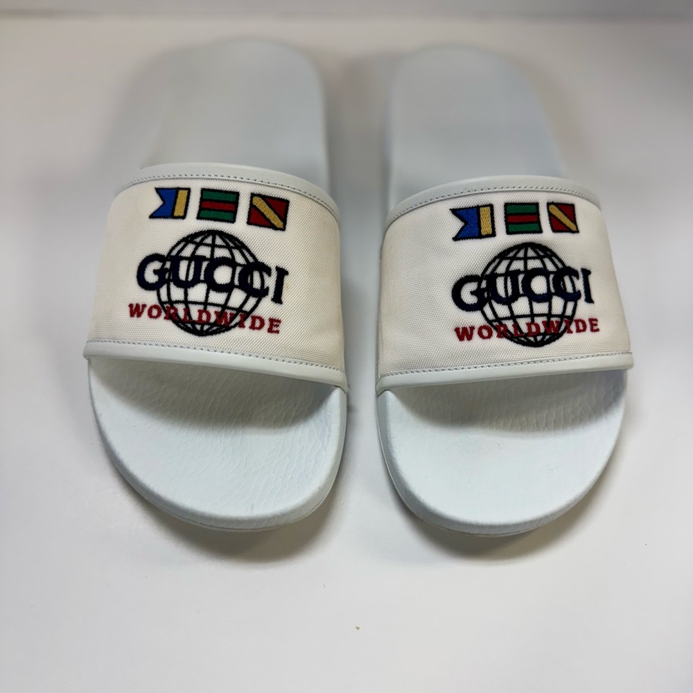 Gucci Cream Slides with Multicolor Logo